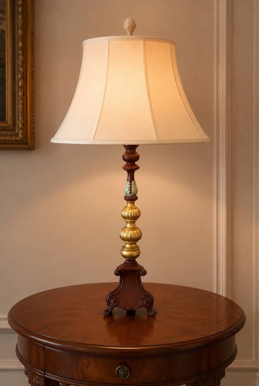 VINTAGE TABLE LAMP WITH FABRIC SHADE 42": Vintage table lamp featuring an ornate turned base with gold and muted green accents, decorative finial, and a cream fabric flared shade. Measures approximately 42 inches in height. 22 in shade. Elega