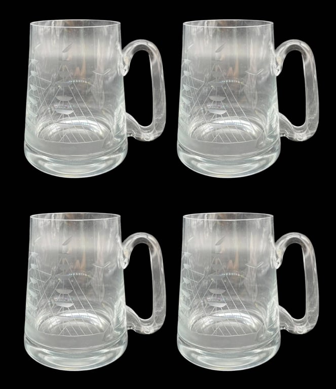 NAUTICAL ETCHED GLASS BEER MUGS 4 PC (1 of 5)