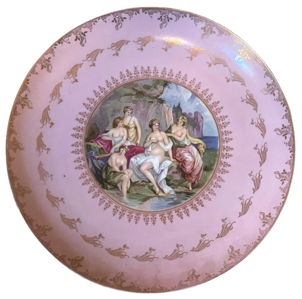 VINTAGE CLASSICAL PORCELAIN PLATE 13": Vintage porcelain plate with a vivid hand-painted depiction of five mythological women at the center. Features a pink rim decorated with ornate gold motifs. Royal Dalton style. approximately 13 inches