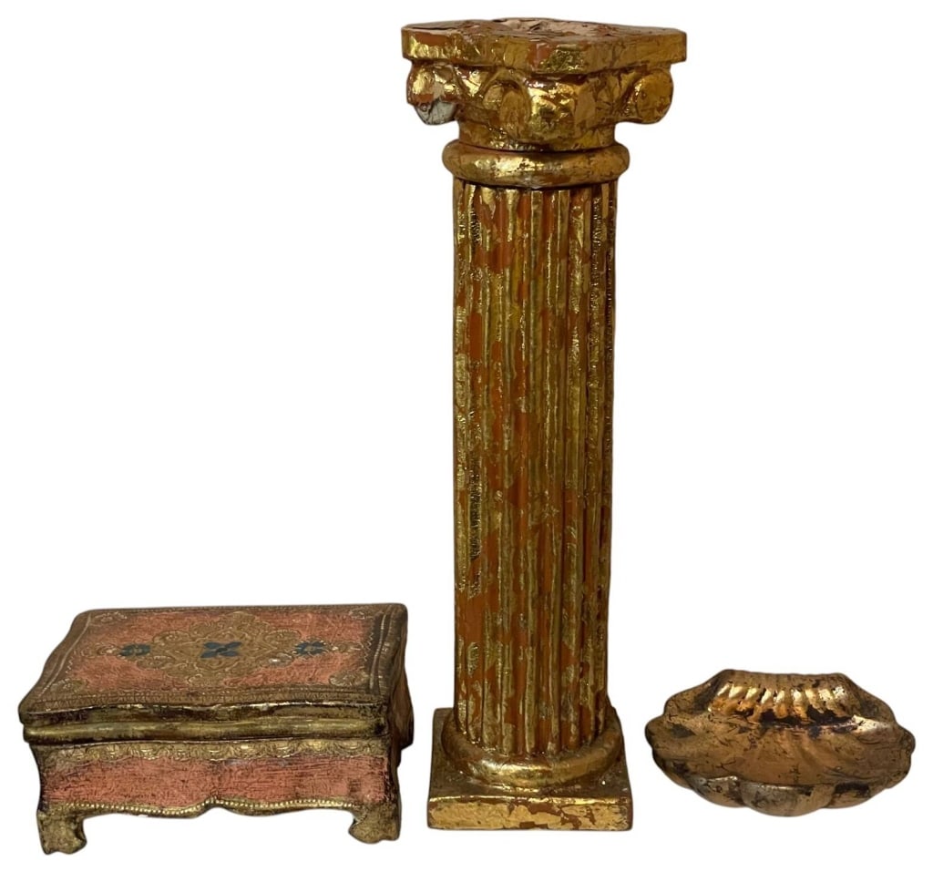 THREE ITALIAN FLORENTINE GILT WOOD OBJECTS 3PC: Three Italian Florentine hand painted gilt wood pieces: a 13 in. tall column, a footed trinket box with velvet interior (5 x 3.5 x 2.75 in.), and a scallop shell dish (approx. 4.5 in. wide). Handcraft