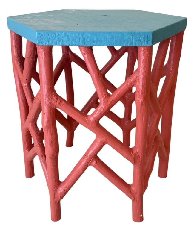 COASTAL WOOD SIDE TABLE CORAL STYLE LEGS 21": This side table features a hexagonal blue-painted wood top supported by unique branch-form legs in coral red. The table measures approximately 21 inches high, and 20" L X 17.5" W inches across at the 