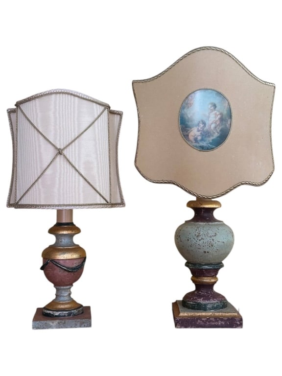 PAIR VINTAGE TABLE LAMPS WITH PAINTED SHADES 19" (1 of 8)