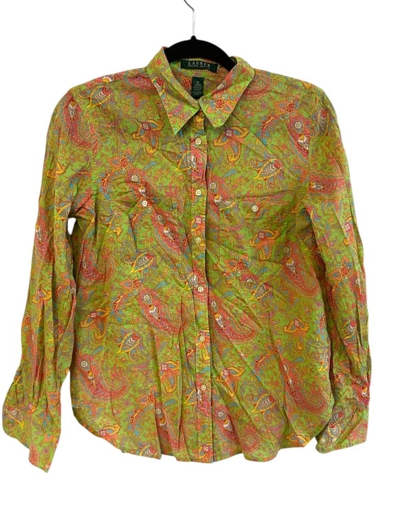 LAUREN RALPH LAUREN PAISLEY COTTON SHIRT M: Ralph Lauren women's shirt in size Medium, made of 100% cotton. Features a vibrant multicolor paisley print on a green background. Button-front closure and long sleeves. Made in Indonesia. Excellent f