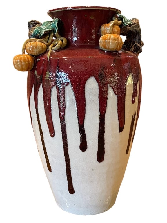 BURGUNDY DRIP GLAZE PUMPKIN CERAMIC VASE 15" (1 of 8)