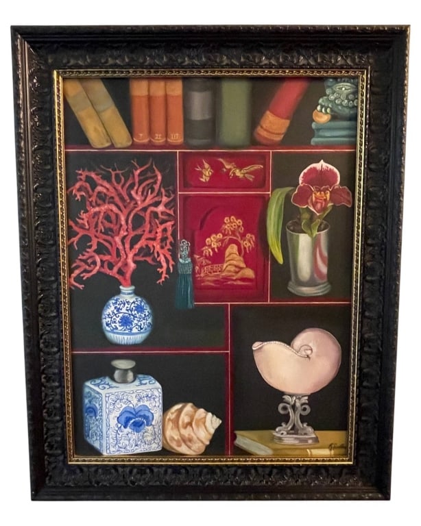 STILL LIFE PAINTING WITH SHELLS AND BOOKS 29" (1 of 5)