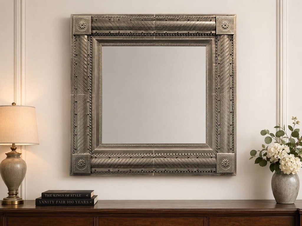 LARGE DECORATIVE METAL FRAMED MIRROR 48": Wall mirror with an ornate metal frame, featuring embossed patterns and rosette details. Ideal for entryways or living rooms, it blends classic and contemporary styles. | | Measures approximately: 48"