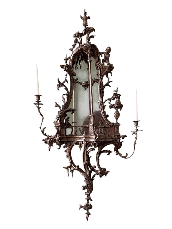 ORNATE ROCOCO METAL WALL SCONCE WITH MIRROR 52" (1 of 7)