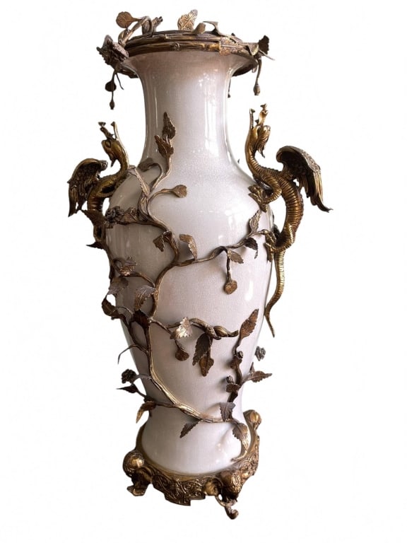 PORCELAIN VASE WITH GILT METAL DRAGONS 28" (1 of 7)