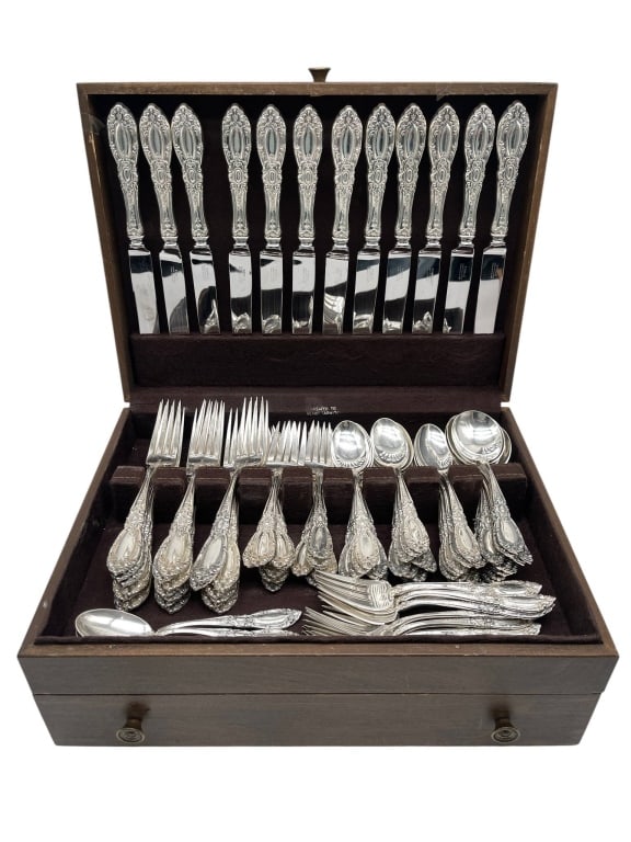 TOWLE STERLING SILVER FLATWARE SET 102 PCS 5742 G: Elegant Towle sterling silver flatware service presented in a fitted wooden storage chest with dark velvet-style interior. This highly decorative pattern features richly detailed rococo-style scrollwo