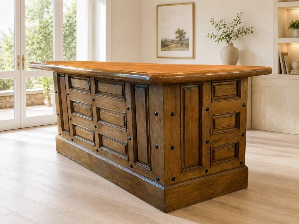 RUSTIC WESTERN STYLE WOOD BAR WITH STORAGE 111": Substantial rustic wood bar or service counter featuring a thick rounded-edge top, warm honey-brown finish, paneled exterior sides with dark nailhead-style accents, and an open back with storage shelv