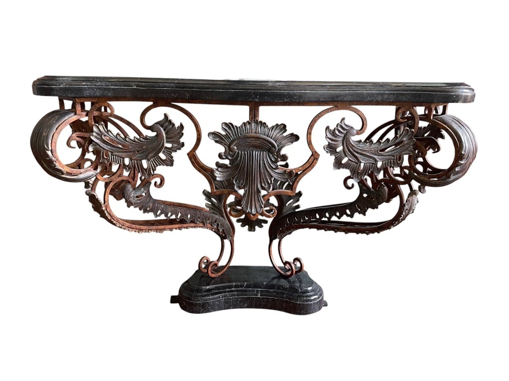 ORNATE IRON AND MARBLE TOP CONSOLE TABLE 68" (1 of 8)