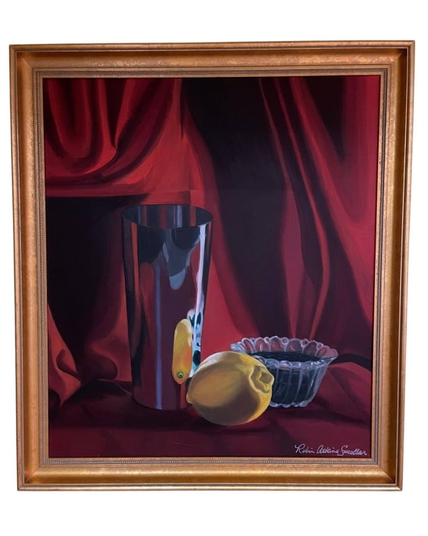 STILL LIFE PAINTING WITH LEMON AND GLASS 34": Framed still life painting featuring a lemon, reflective tumbler, and glass bowl set against dramatic draped red fabric. Signed by the artist at lower right. The rich colors and precise realism create