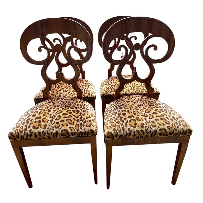 4 CARVED WOOD CHAIRS LEOPARD UPHOLSTRY 38" (1 of 7)