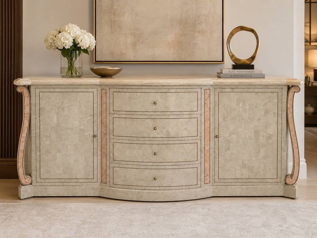 ELEGANT MODERN FAUX-STONE SERPENTINE CREDENZA 77": Elegant large-scale serpentine credenza or sideboard featuring a light faux-stone, parchment, or tessellated-style finish with subtle blush-toned inlay accents, curved scroll side supports, paneled ca