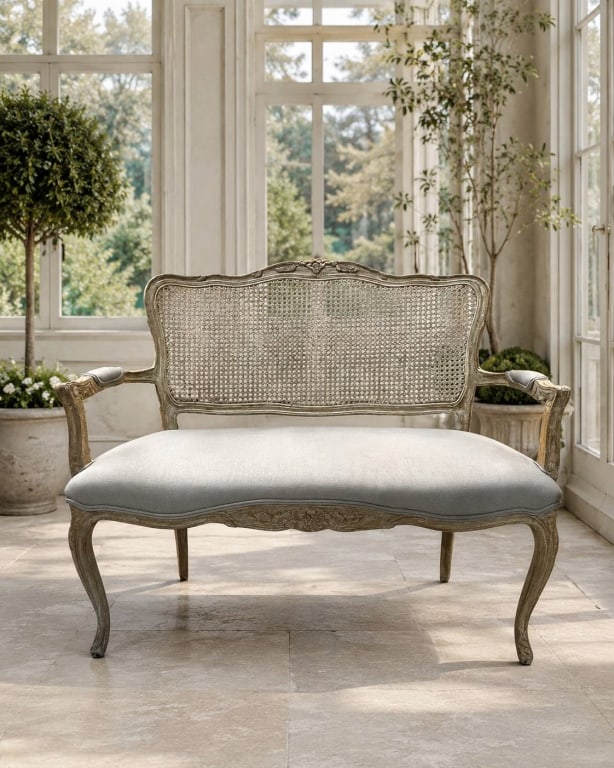 FRENCH STYLE CANE SETTEE WITH UPHOLSTERED SEAT 42" (1 of 10)