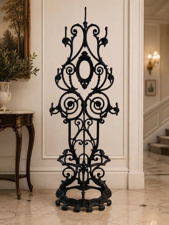 ORNATE CAST IRON HALL TREE WITH STAINED GLASS 76" (1 of 11)