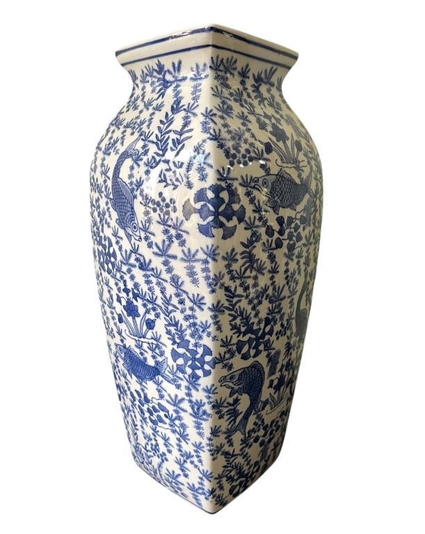 BLUE AND WHITE PORCELAIN FISH VASE 17.5": Square-shaped porcelain vase with blue fish and floral patterns. | | Measures approximately: 17.5" H