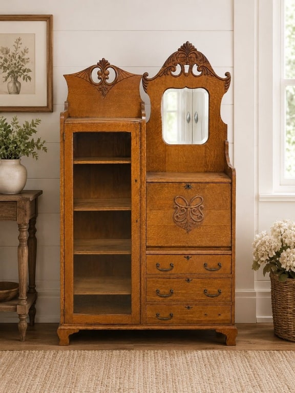 ANTIQUE CARVED OAK SECRETARY BOOKCASE 69": This antique oak combination secretary bookcase features a beautifully carved Victorian or early 20th-century design with ornate cresting, scrollwork details, warm golden oak grain, and a practical mi