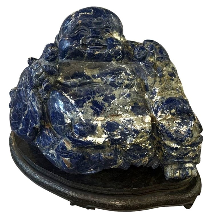 LARGE SODALITE BUDDHA FIGURE WITH WOODEN BASE (1 of 10)