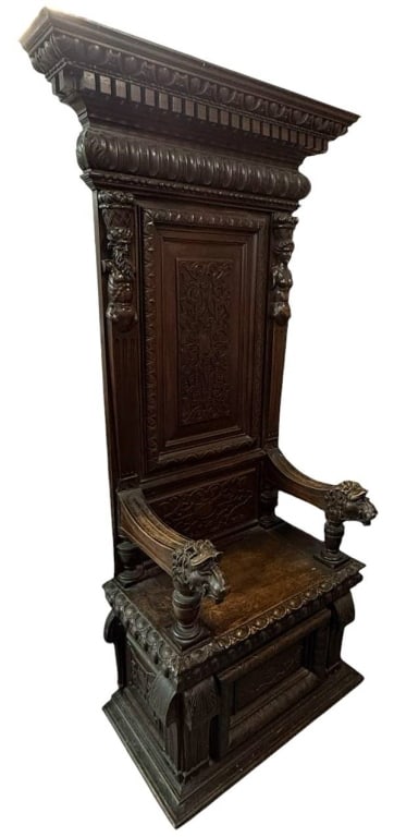 CARVED WOOD THRONE CHAIR WITH LION AND FIGURE (1 of 15)