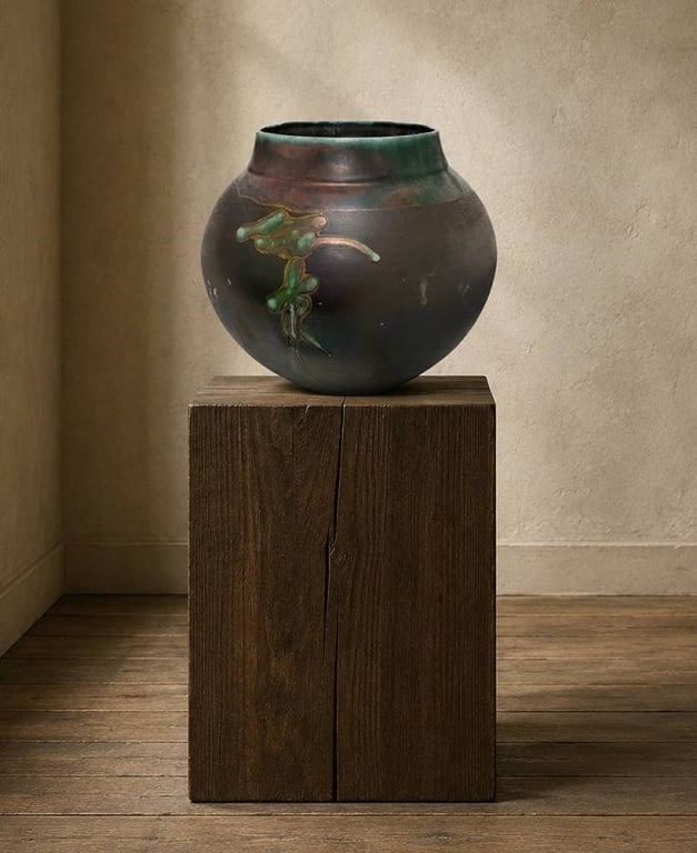 TONY EVANS RAKU POTTERY ART VASE #491 13": Tony Evans Raku Pottery vase signed by the creator and numbered 491. The vase features a dark glaze with green and brown accents and a relief botanical design. Approximate height is 13 inches and diam