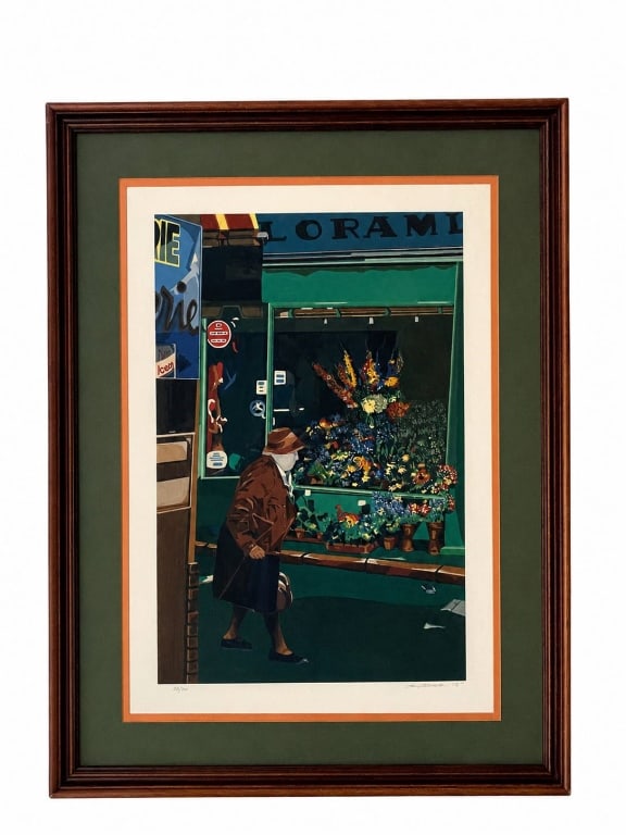 MICHAEL OSTERWEIL SIGNED SERIGRAPH 188/300: This framed art print depicts a woman at a flower shop, marked 188/300. Signed by the artist in the lower margin. Displays vibrant colors and fine detail, matted with green and orange accents. | | Mea