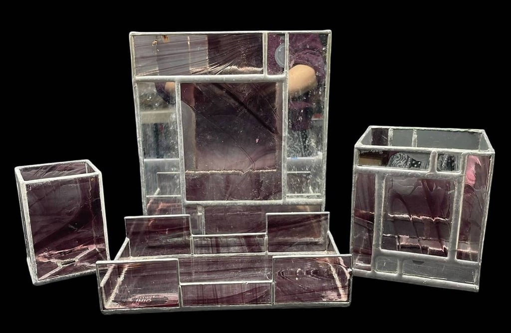 4 PC PURPLE GLASS DESK ORGANIZER SET 10.5" (1 of 6)