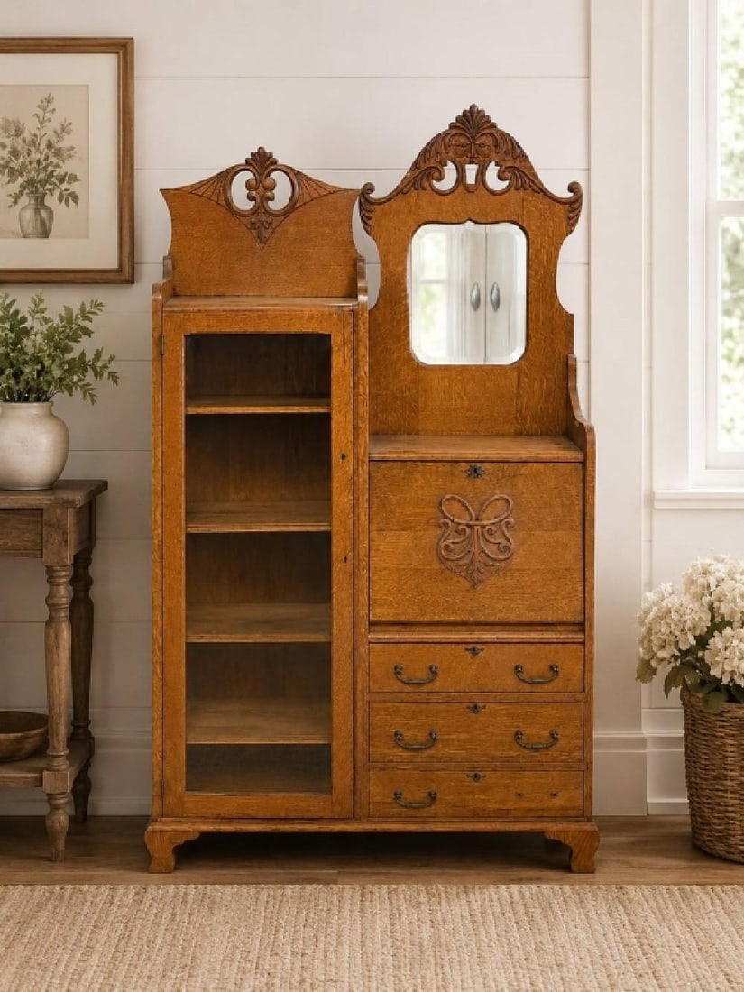 ANTIQUE CARVED OAK SECRETARY BOOKCASE 69" (1 of 7)