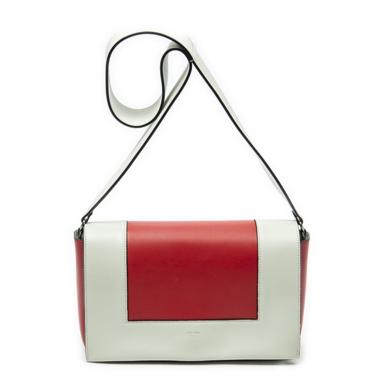 CELINE MEDIUM CROSSBODY CALFSKIN LEATHER BAG: The Celine Medium Frame Crossbody showcases a striking red and mint green color combination crafted in smooth calfskin leather and accented with sleek silver-tone hardware. Known for its clean lines a