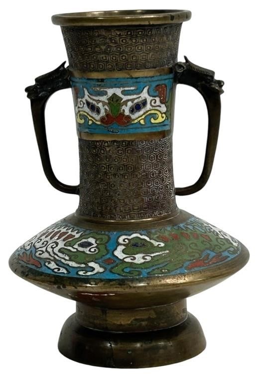 JAPANESE BRONZE ENAMEL CLOISSONE VASE MEIJI ERA: By bidding on this listing, you understand and agree to be bound by the terms and conditions of DejaVu Auctions. * *For ALTERNATIVE SHIPPING QUOTES or local PICKUP details, please visit www.dejavuauct