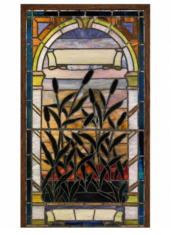 RARE STAINED GLASS & WOOD FRAMED WINDOW 55" x 33" (1 of 7)