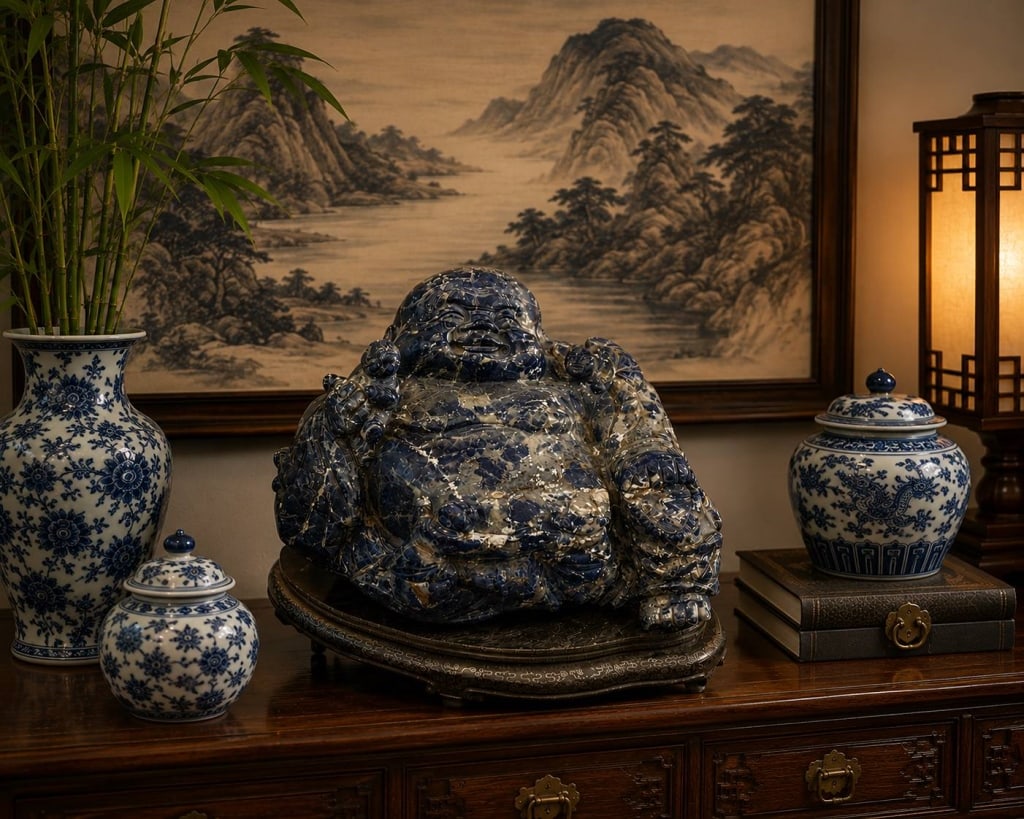 HEAVY CHINESE SODALITE BUDDHA SCULPTURE 15" H (1 of 17)