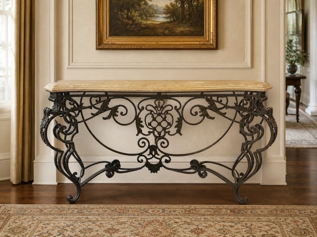 ORNATE WROUGHT IRON STONE TOP CONSOLE TABLE 50" (1 of 8)