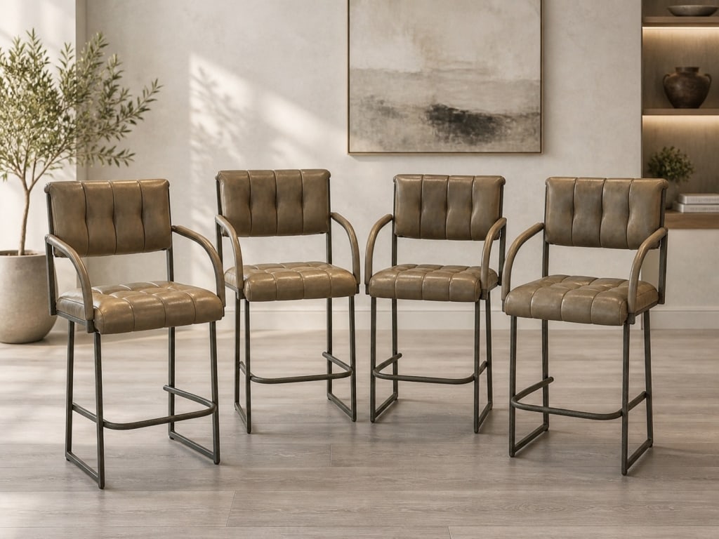 SET OF 4 MODERN TUFTED LEATHER BAR STOOLS 45" (1 of 10)