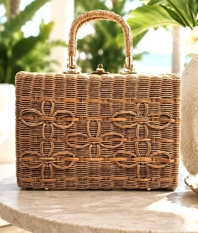 MARCHIONESS WICKER HANDBAG W GOLD HARDWARE 14": Marchioness high-quality wicker handbag made for R. H. Macy & Co., Inc., New York, manufactured in British Hong Kong. Features gold-tone hardware, top handle, floral pattern, and internal zip compartm