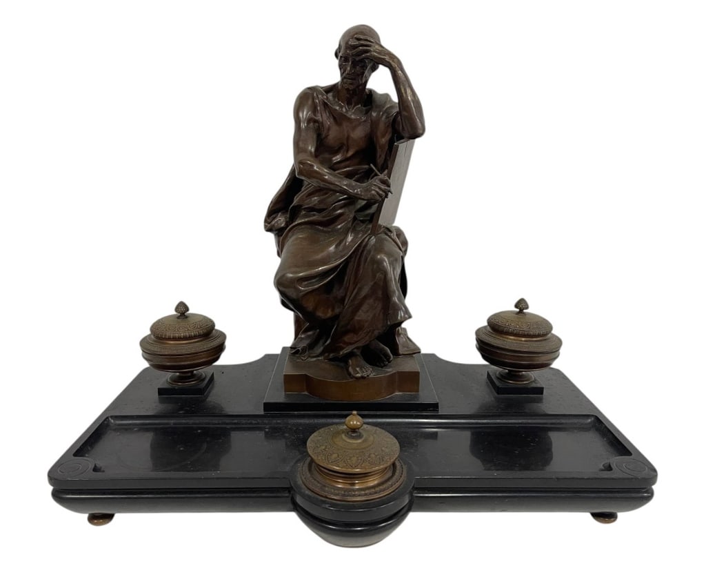 PAUL DUBOIS FRENCH BRONZE FIGURAL DESK INKWELL 19": Elegant antique bronze and black marble desk inkwell attributed to Paul Dubois (France, 1829 - 1905). Featuring a finely modeled seated scholar or philosopher figure holding a tablet, set above a