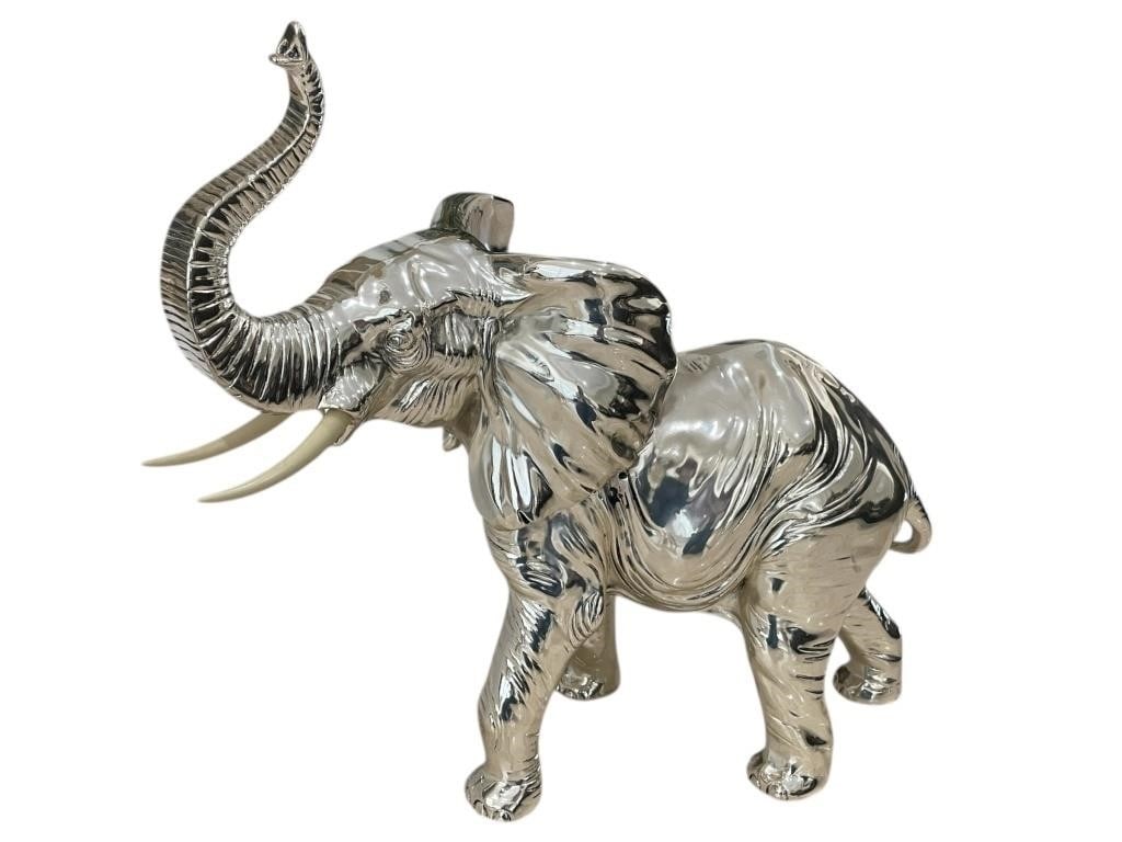 CHROME ELEPHANT STATUE SILVER PLATED W/ TUSKS 22" (1 of 5)
