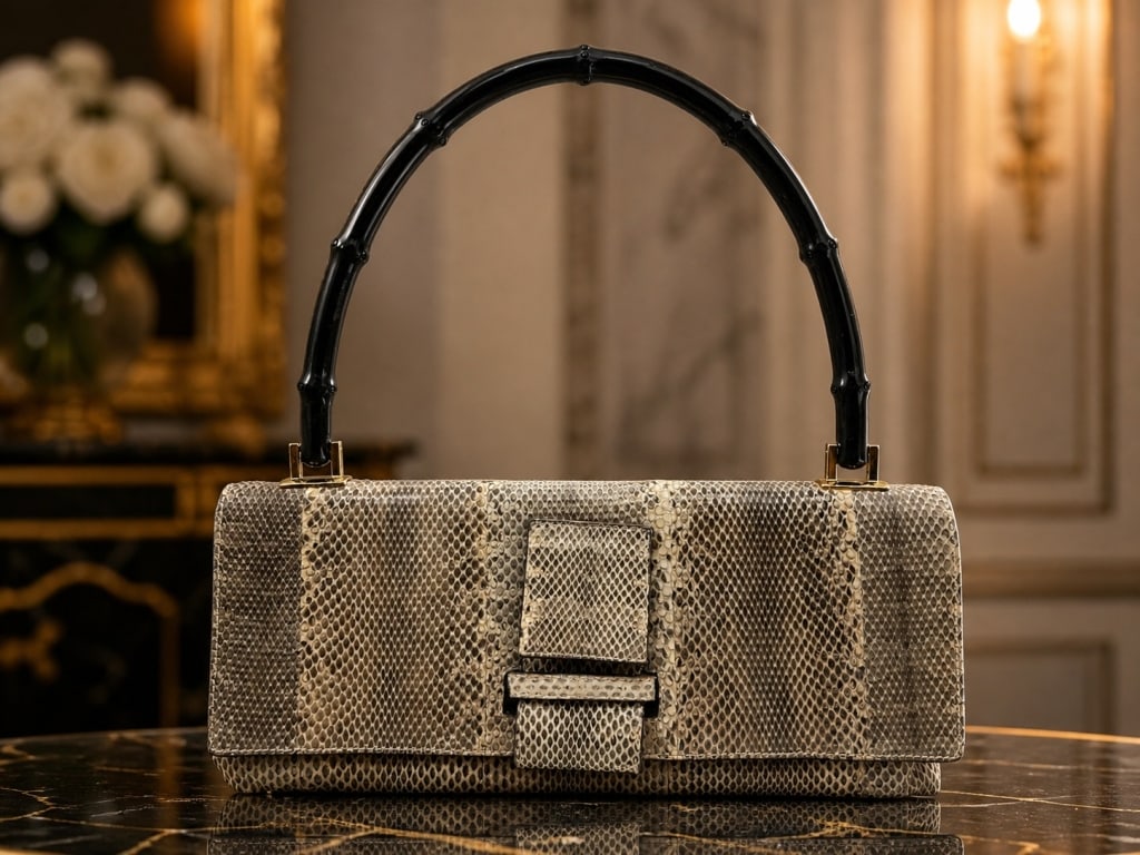 GUCCI PYTHON EMBOSSED CLUTCH BAG BAMBOO HANDLE 11": Gucci shoulder bag featuring a python-print leather exterior, black bamboo-style handle, structured flap front with matching covered tab closure, gold-tone Gucci plaque detail, and black leather