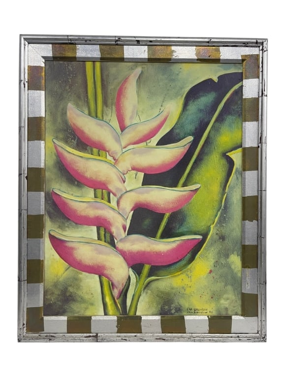 ORA SORENSEN TROPICAL FLORAL PAINTING 36": Vibrant signed tropical floral painting by Ora Sorensen, featuring a bold heliconia-style flower with pink and cream petals set against lush green foliage and an atmospheric abstract botanical