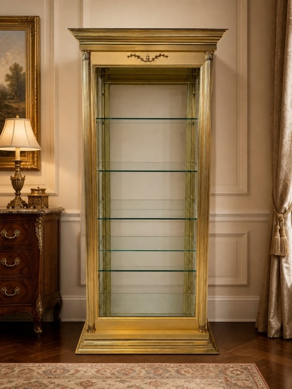 GOLD TONE GLASS CURIO DISPLAY CABINET 80": Elegant gold tone glass curio cabinet featuring a tall rectangular form with fluted classical-style columns, stepped crown molding, decorative applied crest detail, glass sides, and multiple glass