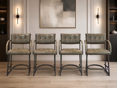 FOUR MODERN LEATHER AND METAL COUNTER STOOLS 39"