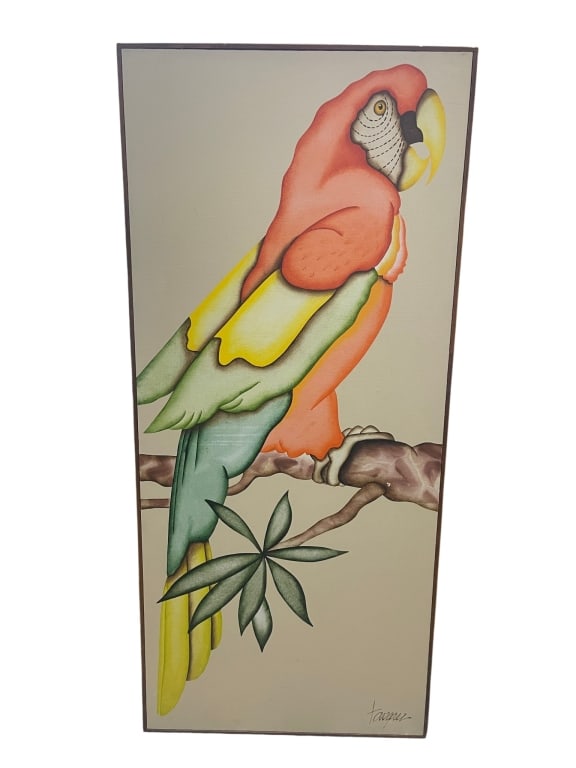 TROPICAL SCARLET MACAW SIGNED PAINTING 55": Tall decorative signed painting depicting a brightly colored tropical macaw parrot perched on a branch with stylized foliage below. The artwork features vivid coral, yellow, green, and teal tones