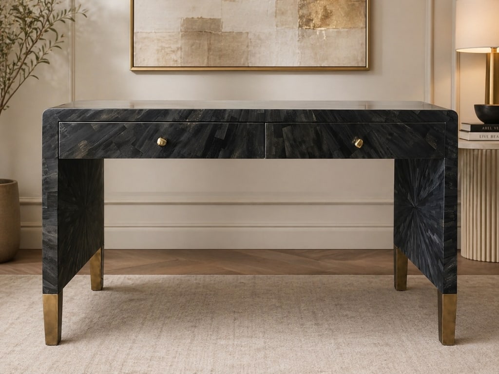 MODERN BLACK CONSOLE DESK BRASS ACCENTS 53": Striking modern console desk featuring a glossy dark black and charcoal parquetry-style veneer finish with bold geometric grain movement throughout. The piece is designed with a sleek rectangular