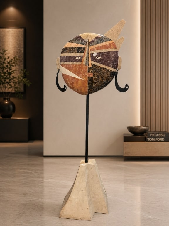 MIXED STONE MOSAIC MASK SCULPTURE ON STAND 70": This striking contemporary decorative sculpture features an abstract mask-form face composed of multicolored stone or marble mosaic inlays in warm earth tones, including cream, tan, rust, burgundy,
