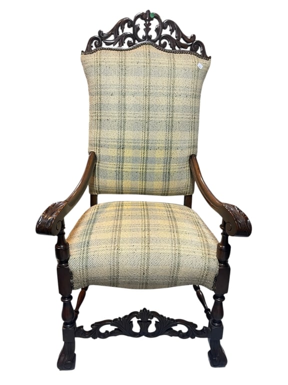 CARVED DARK WOOD HIGH BACK ARMCHAIR 52" (1 of 6)