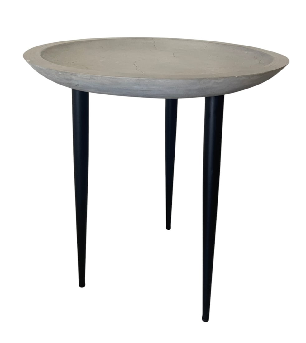 ROUND MODERN BOWL TRINKET TOP ACCENT TABLE 22": Modern round accent table featuring a thick gray concrete-look bowl-form tabletop with shallow recessed surface and sculptural rounded rim. The piece is supported by four slim black tapered legs, givi