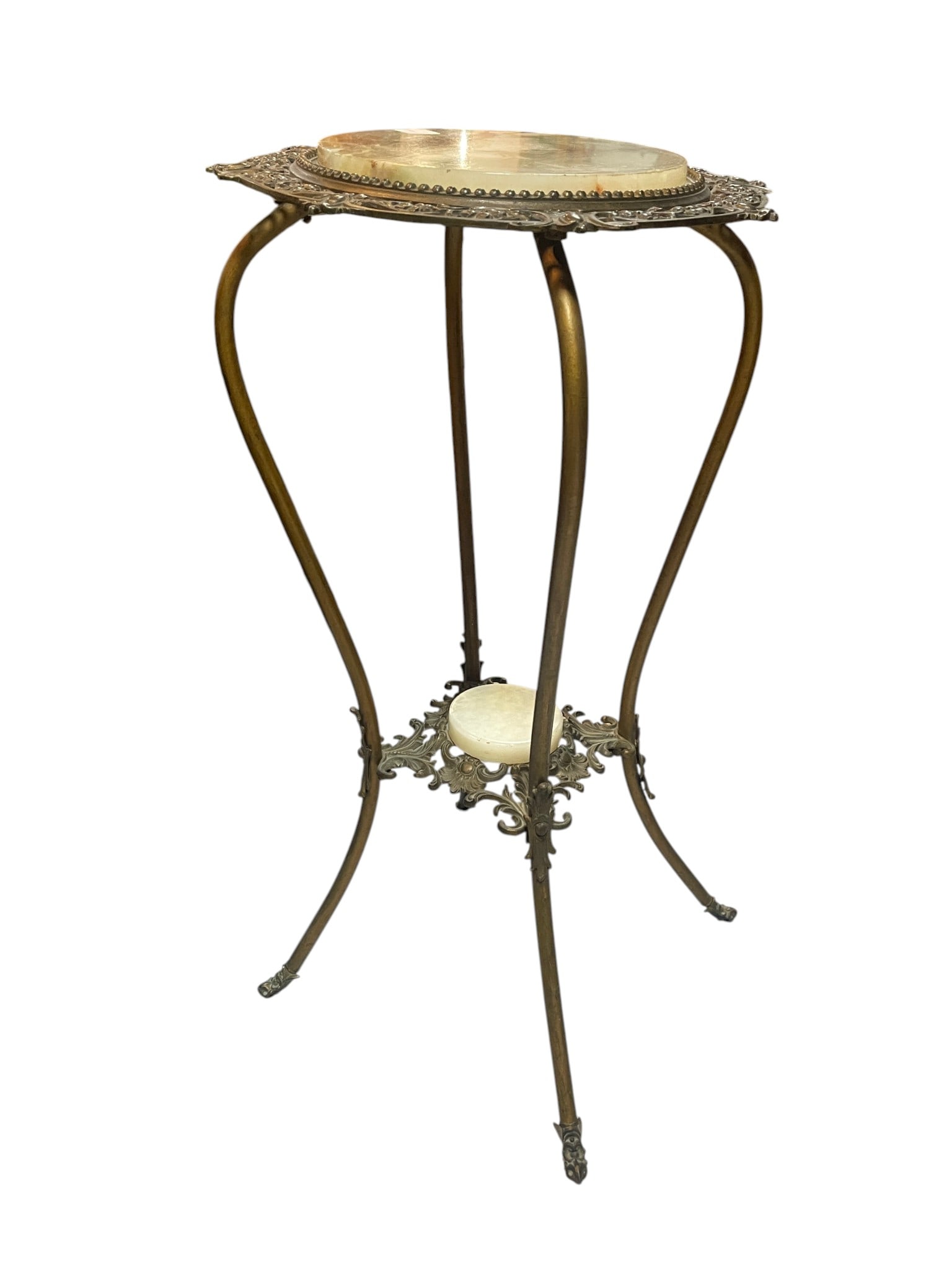 ANTIQUE BRASS AND ONYX TWO-TIER PEDESTAL TABLE 32" (1 of 7)