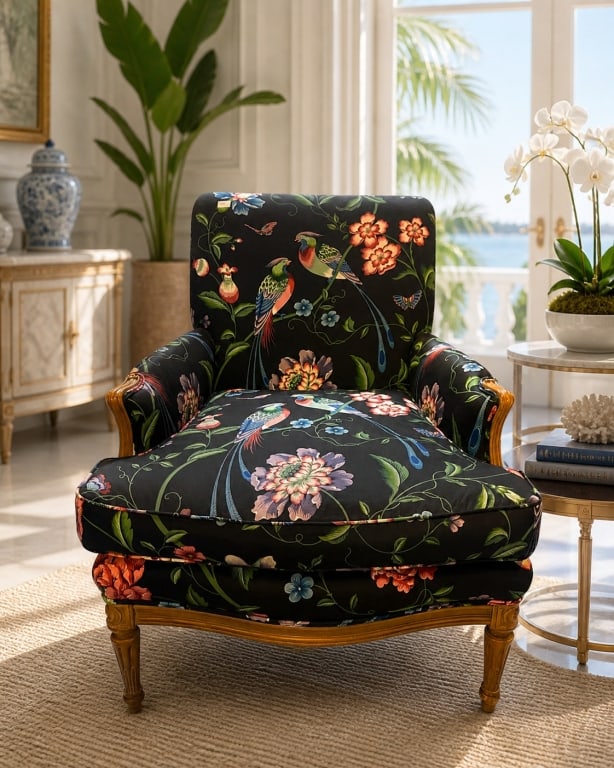 BLACK CHINOISERIE BIRD & FLORAL CHAIR 34" (1 of 9)