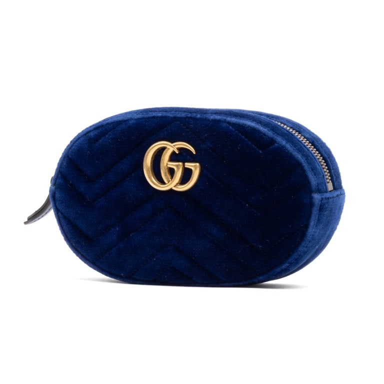 GUCCI MARMONT BELT BAG BLUE BAG: The Gucci Marmont Belt Bag is crafted in luxurious blue velvet canvas and accented with signature hardware, offering a sophisticated take on the iconic Marmont collection. Compact yet functional, this