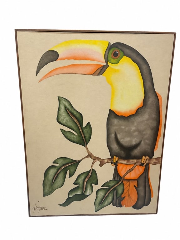 BOLD TROPICAL TOUCAN SIGNED PAINTING 40": Bold tropical toucan painting signed lower left, featuring a colorful toucan perched on a branch with green foliage against a neutral background. The work has a bright decorative Palm Beach / coastal